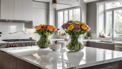 A luxurious contemporary kitchen with glossy counter