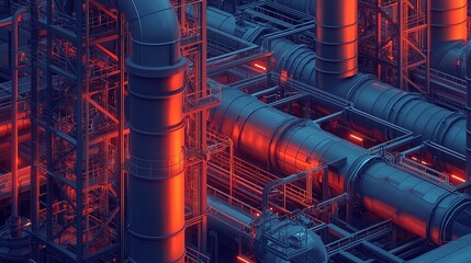 A close-up view of industrial pipes and machinery, illuminated with vibrant red and blue lighting, showcasing a complex and modern infrastructure.