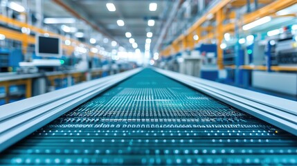 Naklejka premium A conveyor belt in a modern factory setting, featuring a high-tech surface with intricate patterns, surrounded by industrial machinery and equipment.