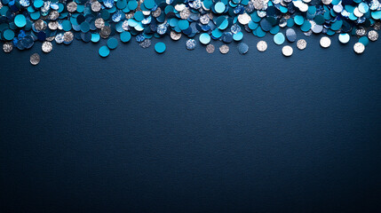 A festive arrangement of blue and silver confetti against a dark background, creating a celebratory vibe perfect for events or parties.