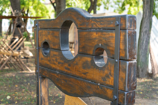 Medieval wooden pillory in a park