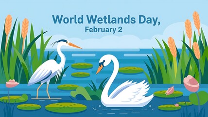 Obraz premium World Wetlands Day design featuring heron, swan, and wetland landscapes