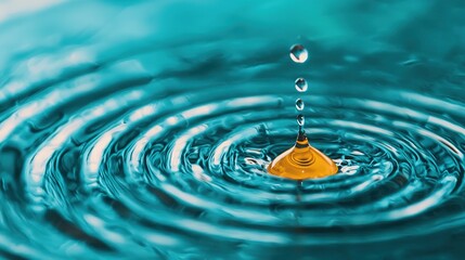 A close-up of a drop of water creating ripples in a turquoise surface, with a vibrant yellow droplet at the center.