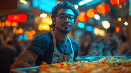Fototapeta premium Man standing behind a tray of food with steam coming out of it
