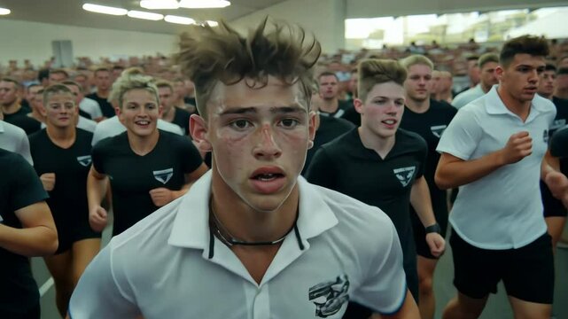 Energetic teen crowd running together in unison inside large indoor sports hall
