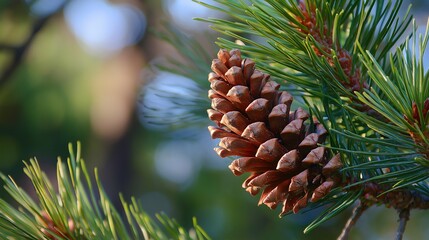 Close-up of a mature pine cone on a branch.