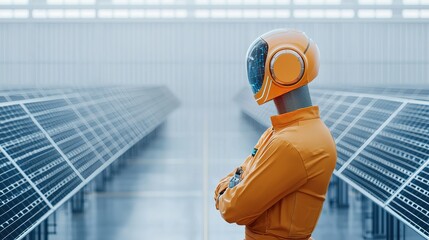 A futuristic humanoid robot stands in a high-tech facility, surrounded by solar panels and bright lighting, symbolizing innovation and technology.