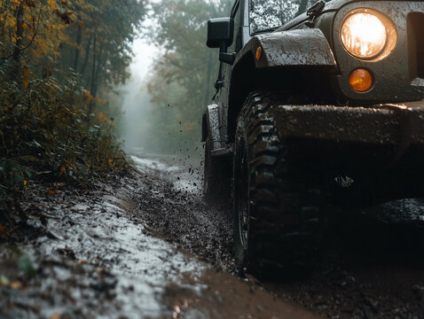 Muddy off-road vehicle driving on a rugged trail through a misty forest, capturing adventure