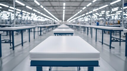 Fototapeta premium A spacious factory floor features rows of empty work tables under a bright, industrial ceiling, emphasizing a clean and organized workspace.