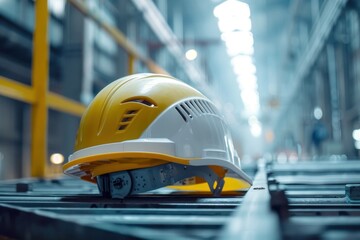 Yellow construction helmet resting on metal scaffolding in a modern industrial warehouse. Safety and construction concept.
