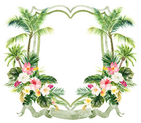 Tropical Watercolor Flowers Wedding Crest - Monogram Crest - Greenery Floral Blue Watercolor Wedding Crest - Romantic Wedding Crest
