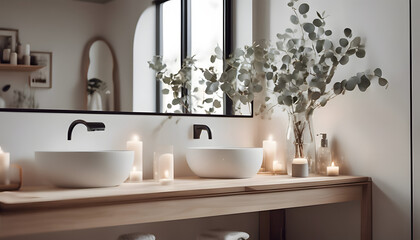 A Scandinavian-style bathroom with light wood accecories, 
