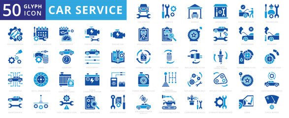 Car service icon set with automotive, workshop, car, book, manufacturing, service, maintenance, air conditioner, inspection, garage, auto mechanic, history, lubrication, cabin, station, and breakdown