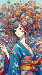 日本画（Japanese painting）／美人画　美女　着物　anime　イラスト	