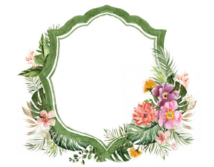 Greenery Tropical Foliage Palms Watercolor Flowers Wedding Crest - Monogram Crest - Floral Watercolor Wedding Crest - Romantic Wedding Crest