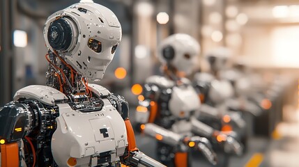 Fototapeta premium A close-up of humanoid robots with intricate designs, showcasing advanced technology in a futuristic industrial setting.