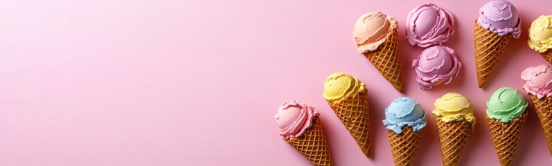 Several ice cream cones with different colors of ice cream on a pink background, frame , space for text