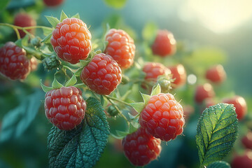 lots of beautiful ripe raspberries growing on a bush of juicy green, commercial photography