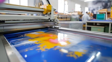 Industrial printing machine laminating colorful sheet.