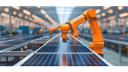 A robotic arm assembles solar panels in a modern manufacturing facility, showcasing automation in renewable energy production.