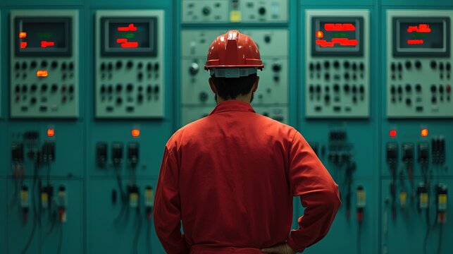 A technician in a red uniform and helmet monitors control panels in a dimly lit environment, focusing on illuminated screens and dials.