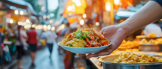 Travel concept of street foods and local cuisine. A person holds a plate of colorful street food in...