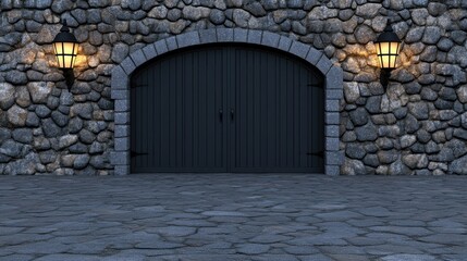 Fototapeta premium Luxurious black double door features a decorative arch and warm illumination, set against stunning gray stone walls