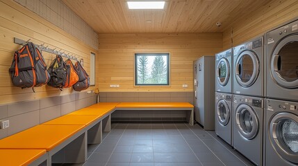 Laundry room in a hostel with machines offering quick-wash cycles, set in a sleek space with wall hooks for hanging bags and an area for air-drying clothes