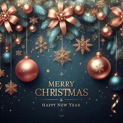 Christmas holiday background, Merry Christmas poster design small snow Christmas trees with balls with greeting text,  Happy Christmas photography
