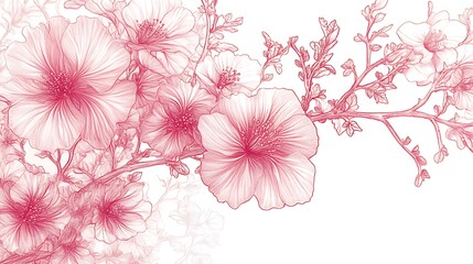 Pink Floral Line Drawing Featuring Detailed Blossoms Chinoiserie Artistic Pattern Illustration