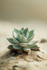 Fototapeta premium Young Welwitschia mirabilis plant in an isolated sandy setting with soft natural lighting