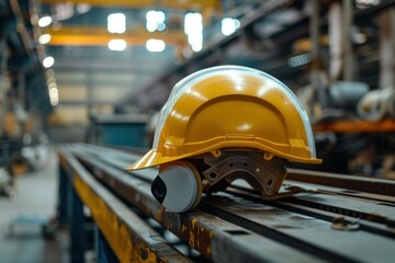 Yellow safety helmet resting on industrial metal beams in a factory environment, symbolizing workplace safety and construction.