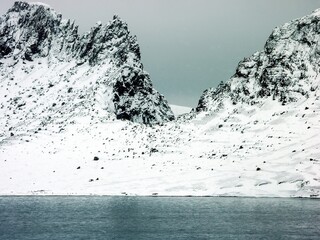 Snow-Covered Mountains and Calm Water in Deception Island