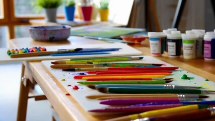 A creative art studio with organized art supplies like brushes and colorful crayons on a wooden table, bathed in natural light, emphasizing calm artistic inspiration.