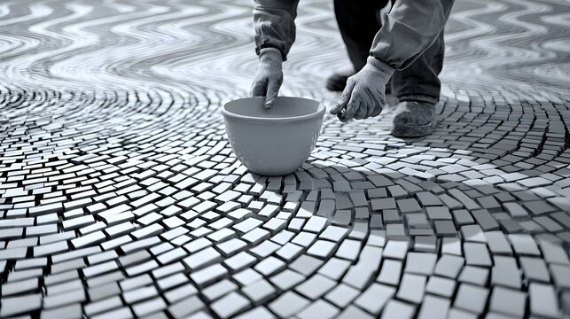 Grayscale industry scene, workers fading into mosaic tile designs, creating a surreal blend of human effort and intricate geometric flooring--style raw