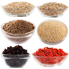 Collection of groats, nuts, dehydrated fruits isolated on white. Healthy natural bulk products