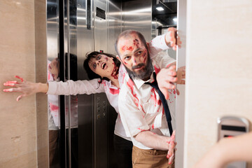 Company employees infected by virus, turned into zombies, coming out of elevator looking for human...