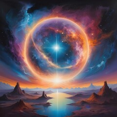 ethereal cosmic oasis glowing amidst starry darkness for use in inspirational prints