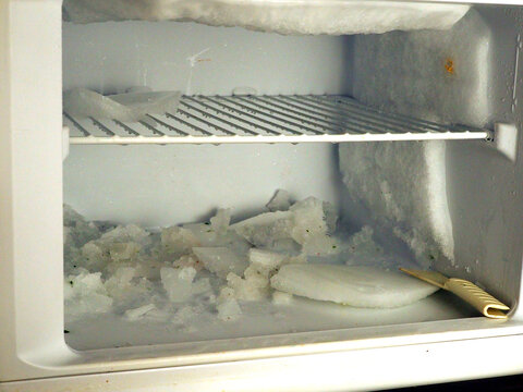 Defrosting Freezer Compartment with Ice Build-Up and Melting Frost in Home Refrigerator