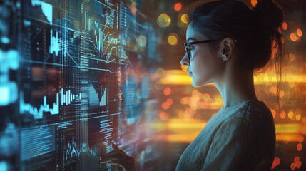 A businesswoman analyzing data charts on a digital dashboard, representing business analytics and decision-making