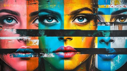 Collage of close-up male and female eyes isolated on colored neon backgorund. Multicolored stripes. Concept of equality, unification of all nations, ages and interests