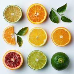 Collection of citrus leaves on white background.