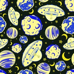 Seamless repeating space pattern with spaceship, ufo, alien, orbits, stars, moon, meteors and planets on black background. 