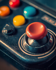 Close-up of a vintage game controller, focusing on the buttons and joystick, recalling the golden age of console gaming.