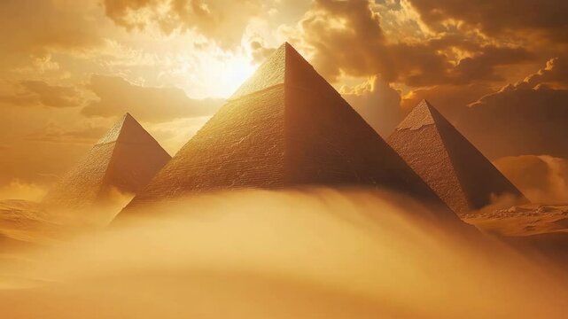 majestic egyptian pyramids rising from golden desert sands created with hyperrealistic aigenerated ry ethereal light and atmospheric effects add a touch of mystery and wonder 4K Video