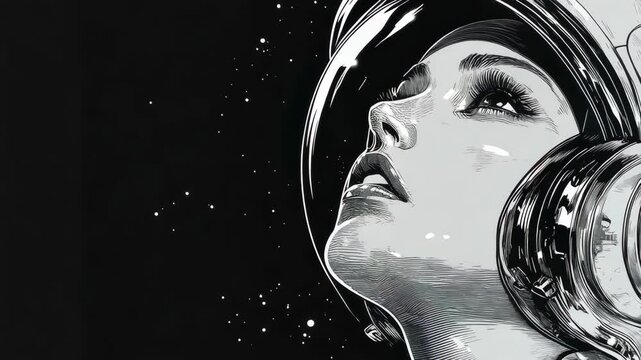 glamorous woman in a retro-style space helmet, vintage aesthetics with a futuristic astronaut theme sketch engraving generative ai raster . Scratch board imitation. Black and white . 4K Video