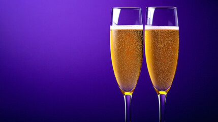 Two elegant champagne flutes filled with golden bubbly drink against a purple background.