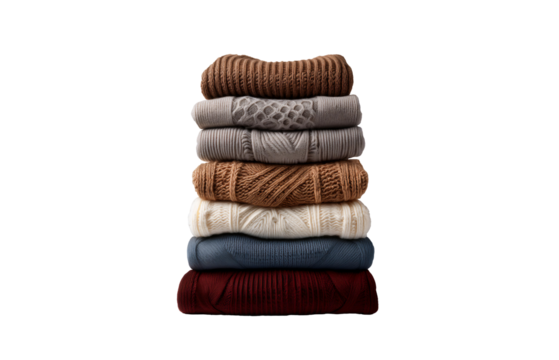 Pile of warm, knitted wool sweaters or pullovers, isolated on a transparent background. Soft, comfy winter and fall clothes.