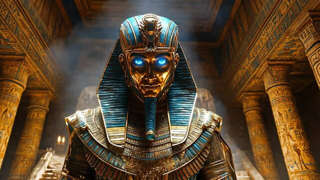 Majestic Pharaoh with Glowing Eyes in an Ancient Egyptian Tomb Surrounded by Hieroglyphs