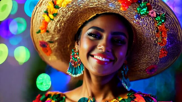 Model with sombrero and beautiful Cinco de Mayo dress dancing in neon light. 4K Video